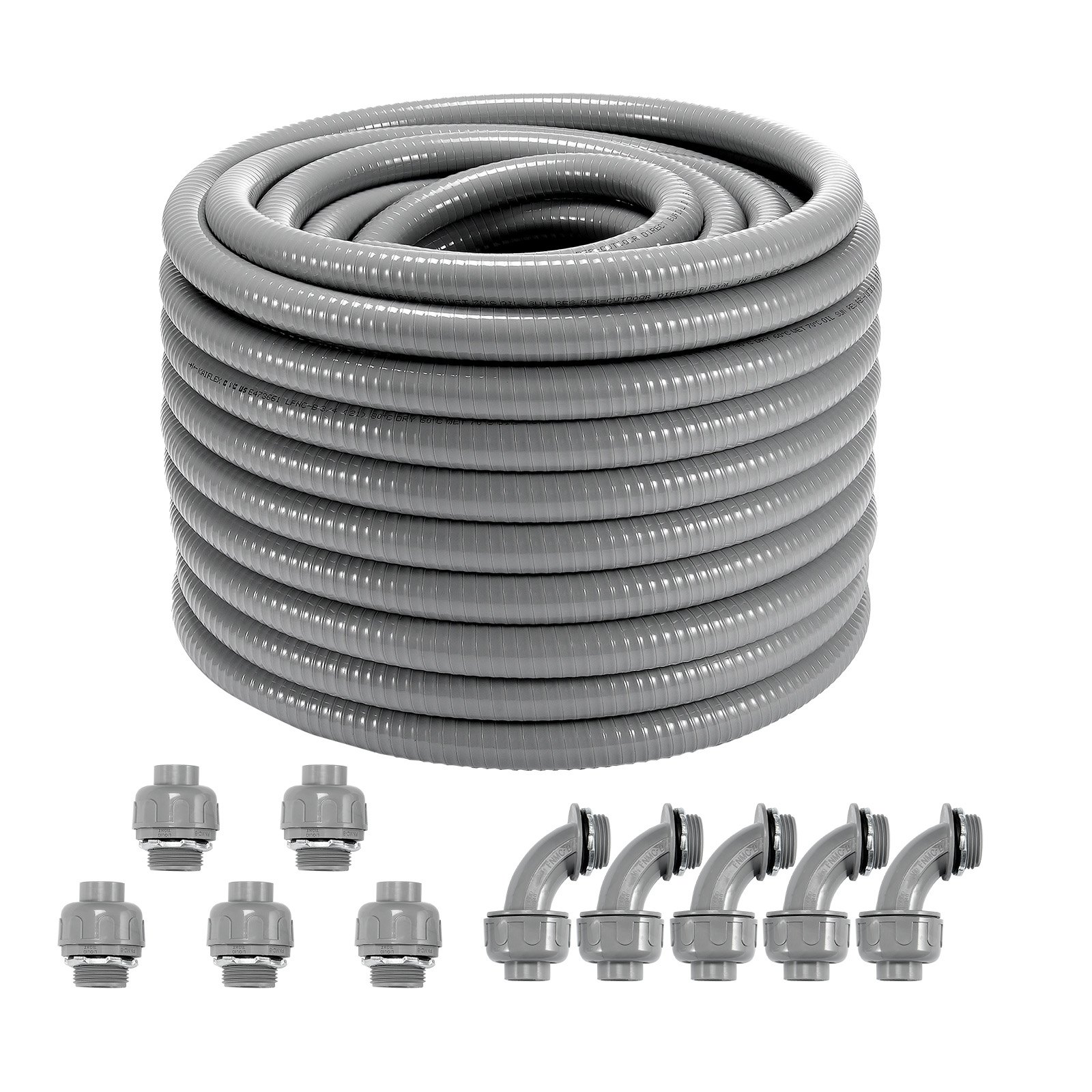 VEVOR 3/4-Inch Flexible Electrical Conduit, 100 ft, PVC Liquid-Tight Conduit Non-Metallic with 5 Straight and 5 90-Degree Conduit Connector Fittings, for Air Conditioning Motor Controller Pump, IP65