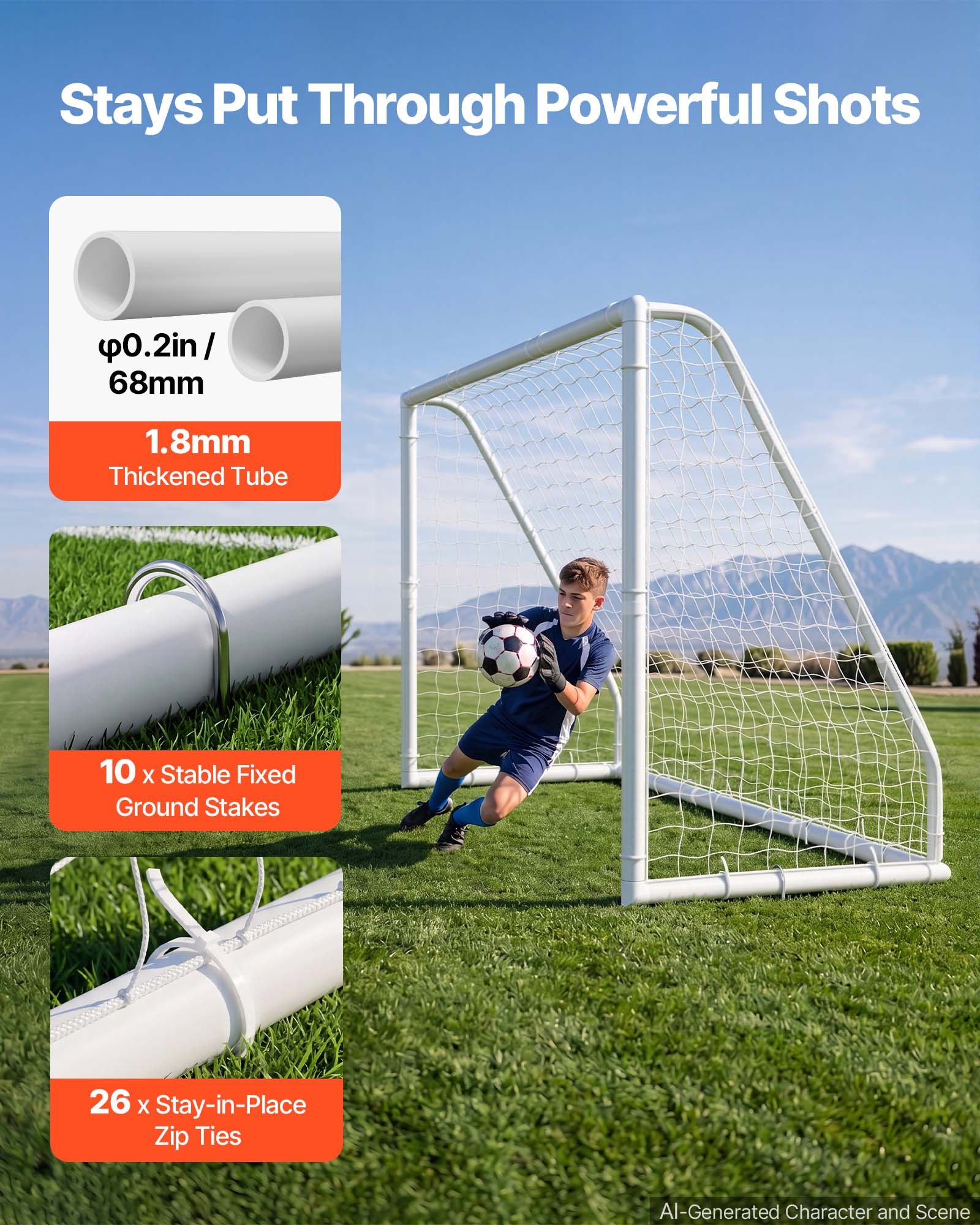 VEVOR voetbaldoel 300 x 200 cm, draagbaar PVC-voetbaldoel voor buiten met PE-net, voor tuinen, parken en scholen, weerbestendig, met grondankers, doel, 600D Oxford-tas en stabiliteit bij snelheden boven de 110 km/u.
