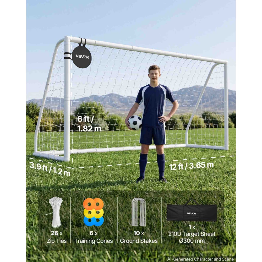 VEVOR voetbaldoel 365 x 182 cm, draagbaar PVC-voetbaldoel voor buiten met PE-net, voor tuinen, parken en scholen, weerbestendig, met grondankers, doel, 600D Oxford-tas en stabiliteit bij snelheden boven de 110 km/u.