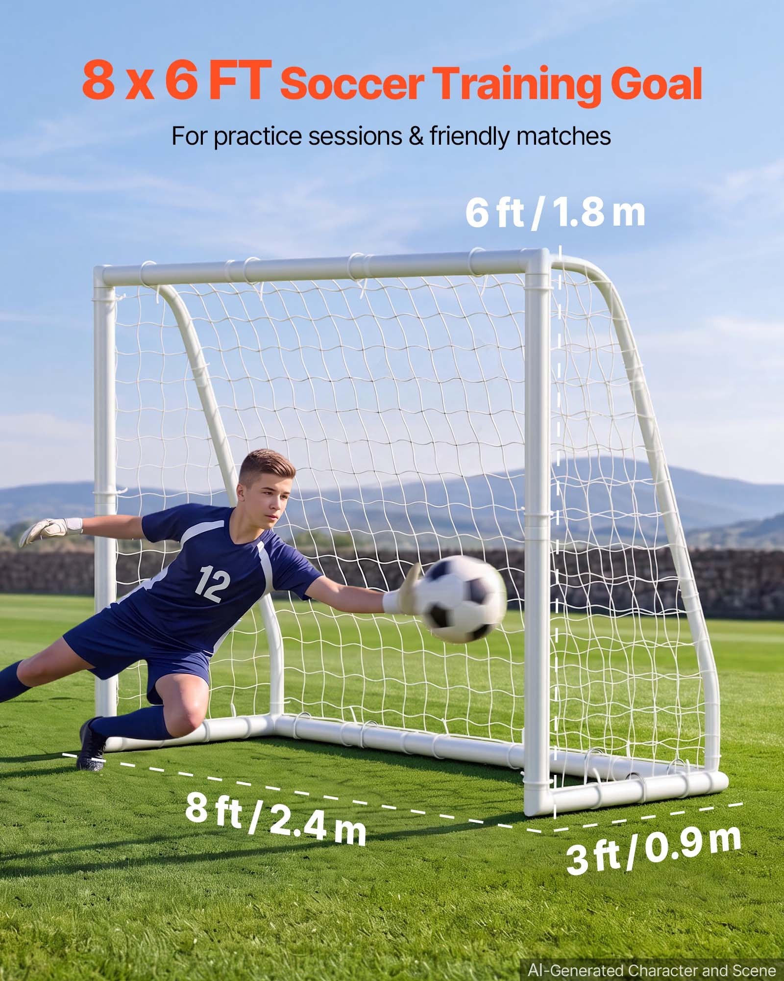 VEVOR voetbaldoel 244 x 182 cm, draagbaar PVC-voetbaldoel voor buiten met PE-net, voor tuinen, parken en scholen, weerbestendig, met grondankers, doel, 600D Oxford-tas en stabiel tot meer dan 110 km/u.