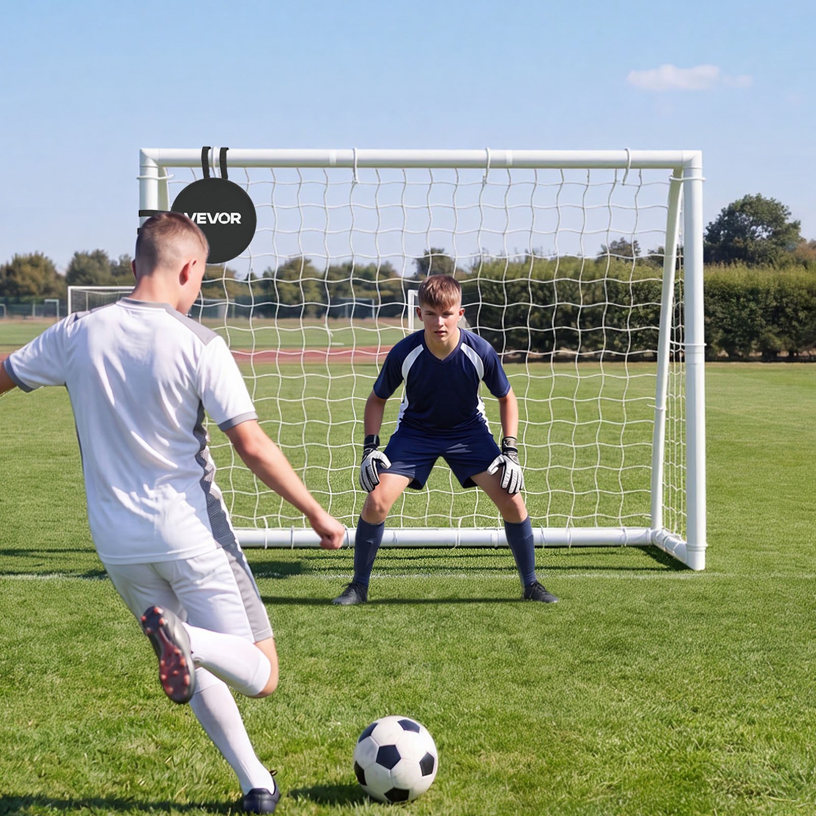 VEVOR voetbaldoel 244 x 182 cm, draagbaar PVC-voetbaldoel voor buiten met PE-net, voor tuinen, parken en scholen, weerbestendig, met grondankers, doel, 600D Oxford-tas en stabiel tot meer dan 110 km/u.