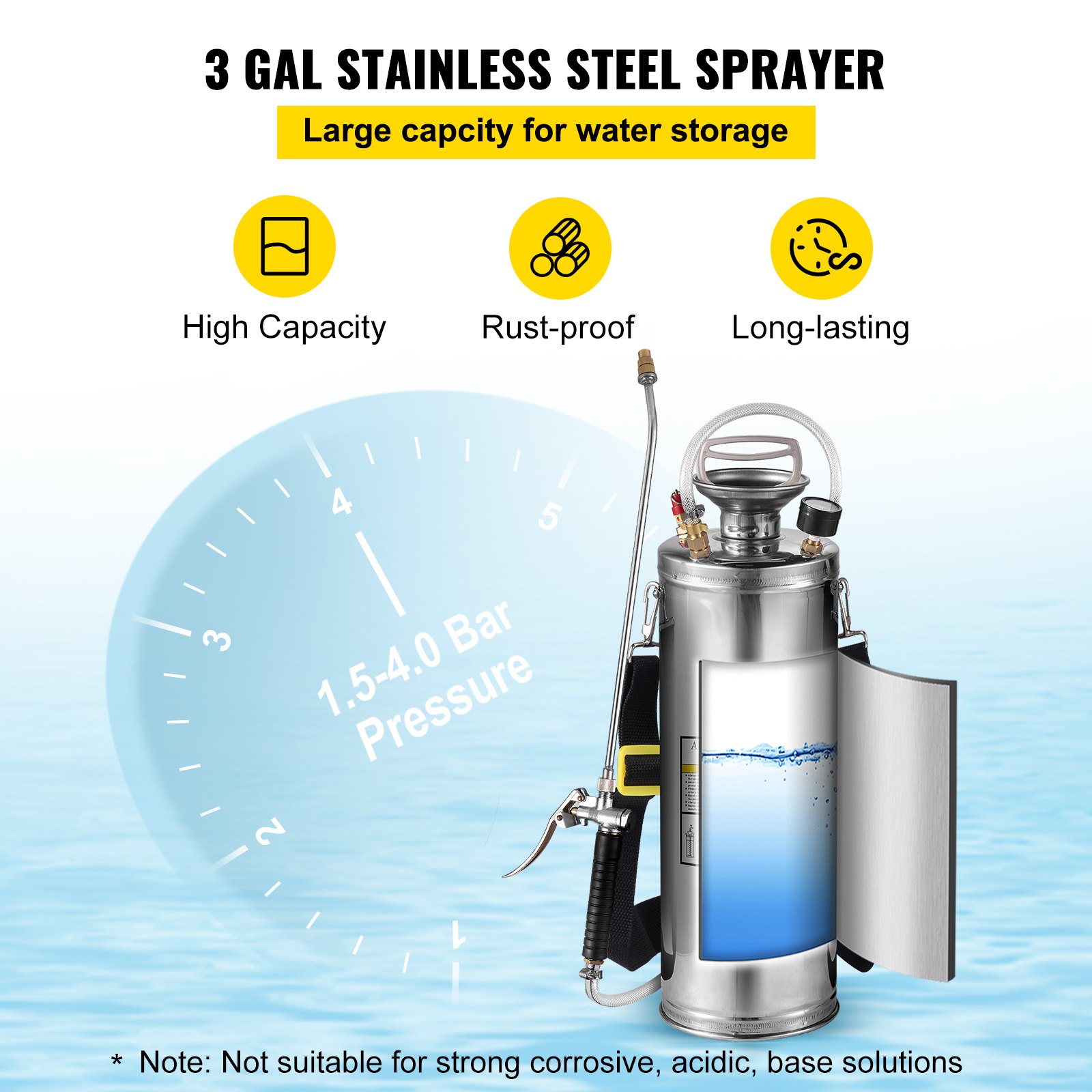VEVOR Stainless Steel Sprayer 10L Household Gardening and Floor Cleaning Sprayer, Suitable for the Current Neds of Industry, Agriculture, Commerce, Medicine and Other Industries