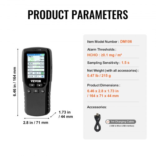 VEVOR Luchtkwaliteitsmonitor 8-in-1, professionele deeltjesteller PM2.5, PM10, PM1.0, formaldehyde, temperatuur, luchtvochtigheid, TVOC AQI-tester voor binnen en buiten, luchtkwaliteitsmeter met