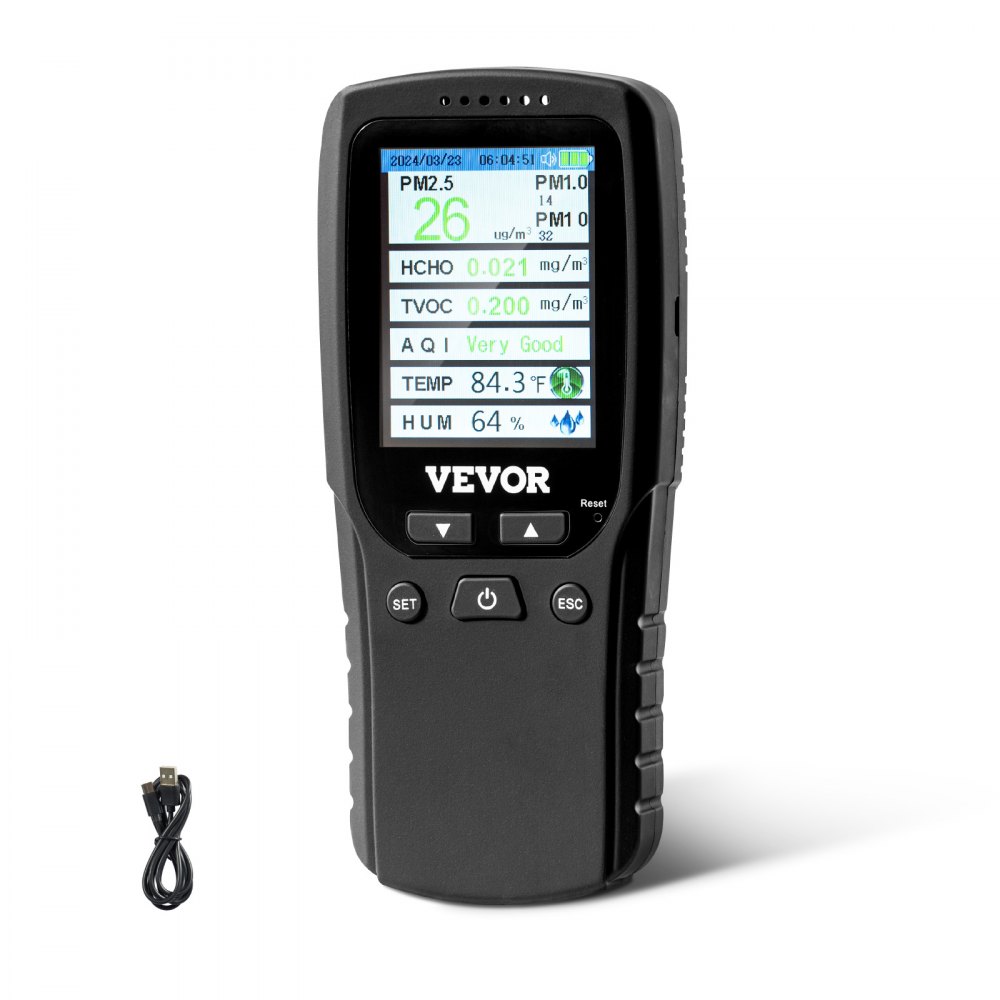 VEVOR air quality monitor displaying pm2.5 levels, temperature, humidity, aqi, hcho, and tvoc, with usb cable.