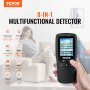 VEVOR air quality monitor, 8-in-1 multifunctional detector showing temperature, humidity, tvoc, hcho, aqi, pm1.0, pm2.5, and pm10 levels.