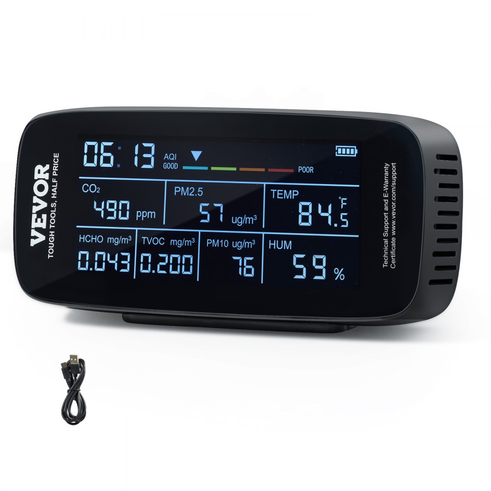 VEVOR air quality monitor displaying co2, pm2.5, temp, hcho, tvoc, pm10, hum with a power cable.