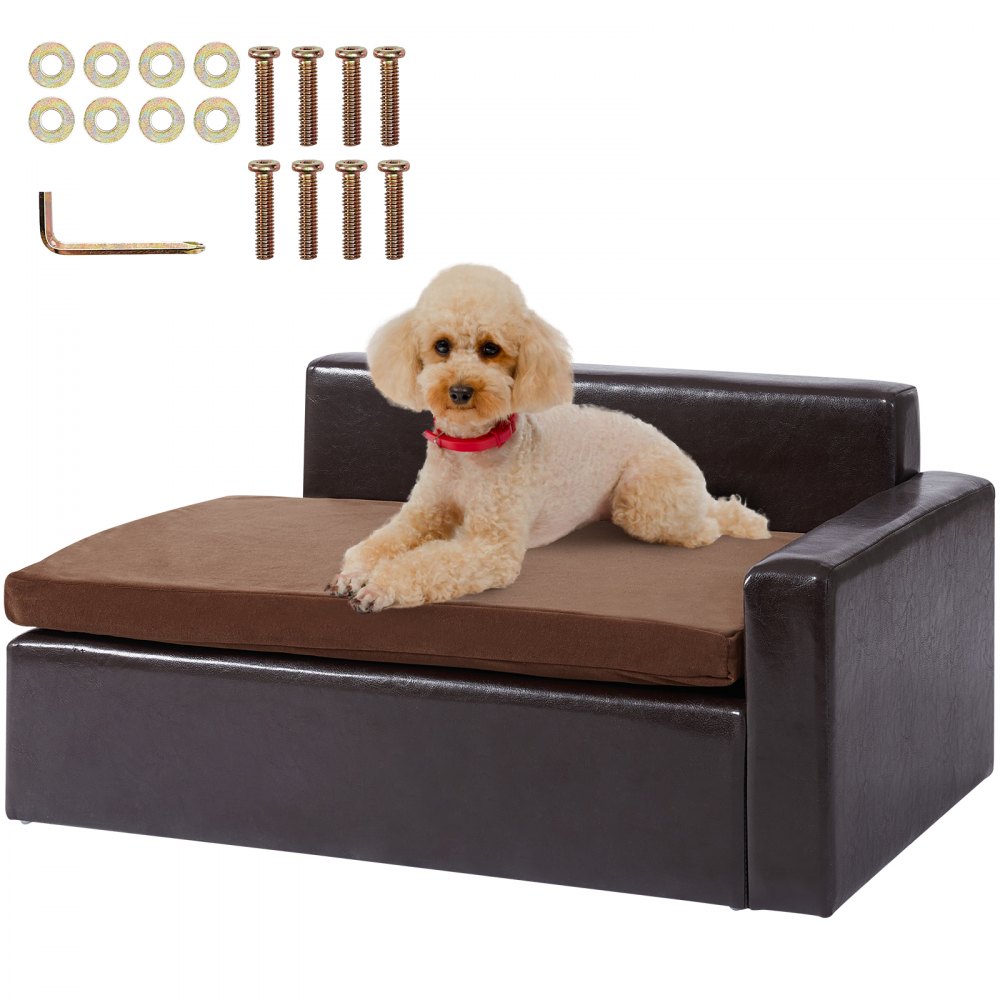 small dog on brown VEVOR pet sofa with assembly tools and screws displayed above.