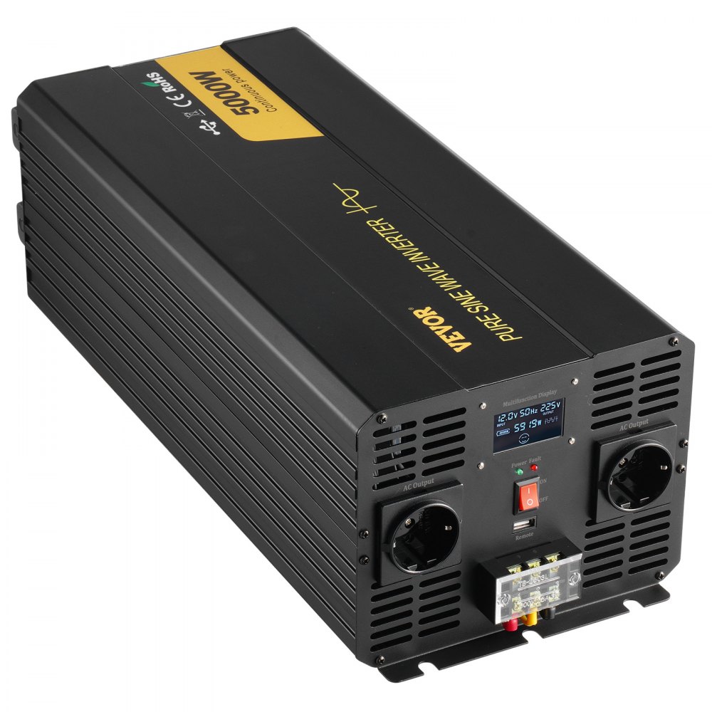 VEVOR 5000 Watt zuivere sinusomvormer, DC 12V naar AC 230V autoomvormer met LCD-scherm, USB-poort en afstandsbediening, spanningsomvormer voor auto, camper, vrachtwagen, zonne-energiesysteem, reizen, kamperen