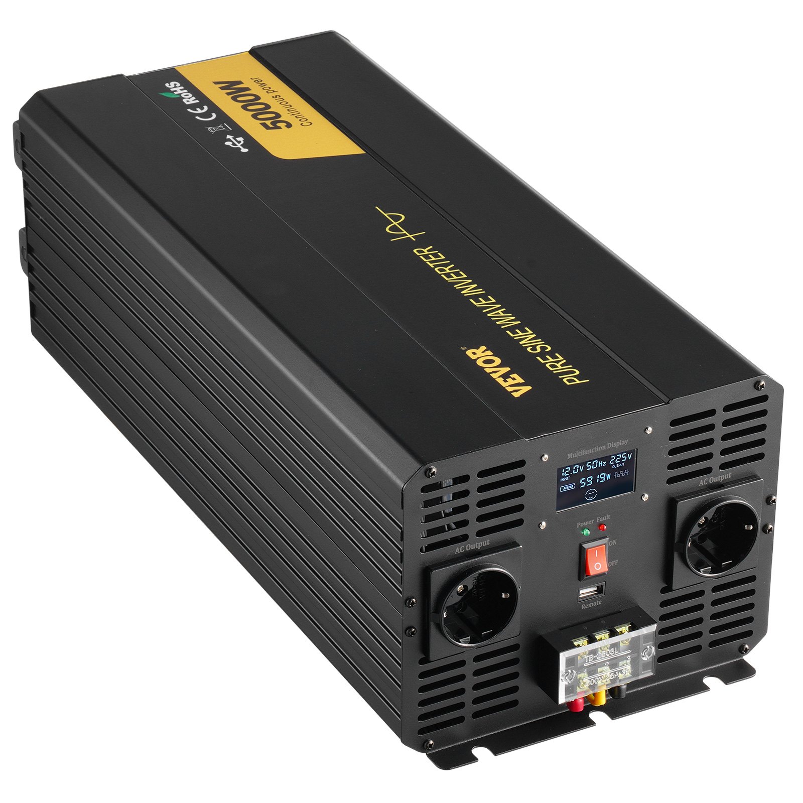 VEVOR 5000 Watt zuivere sinusomvormer, DC 12V naar AC 230V autoomvormer met LCD-scherm, USB-poort en afstandsbediening, spanningsomvormer voor auto, camper, vrachtwagen, zonne-energiesysteem, reizen, kamperen
