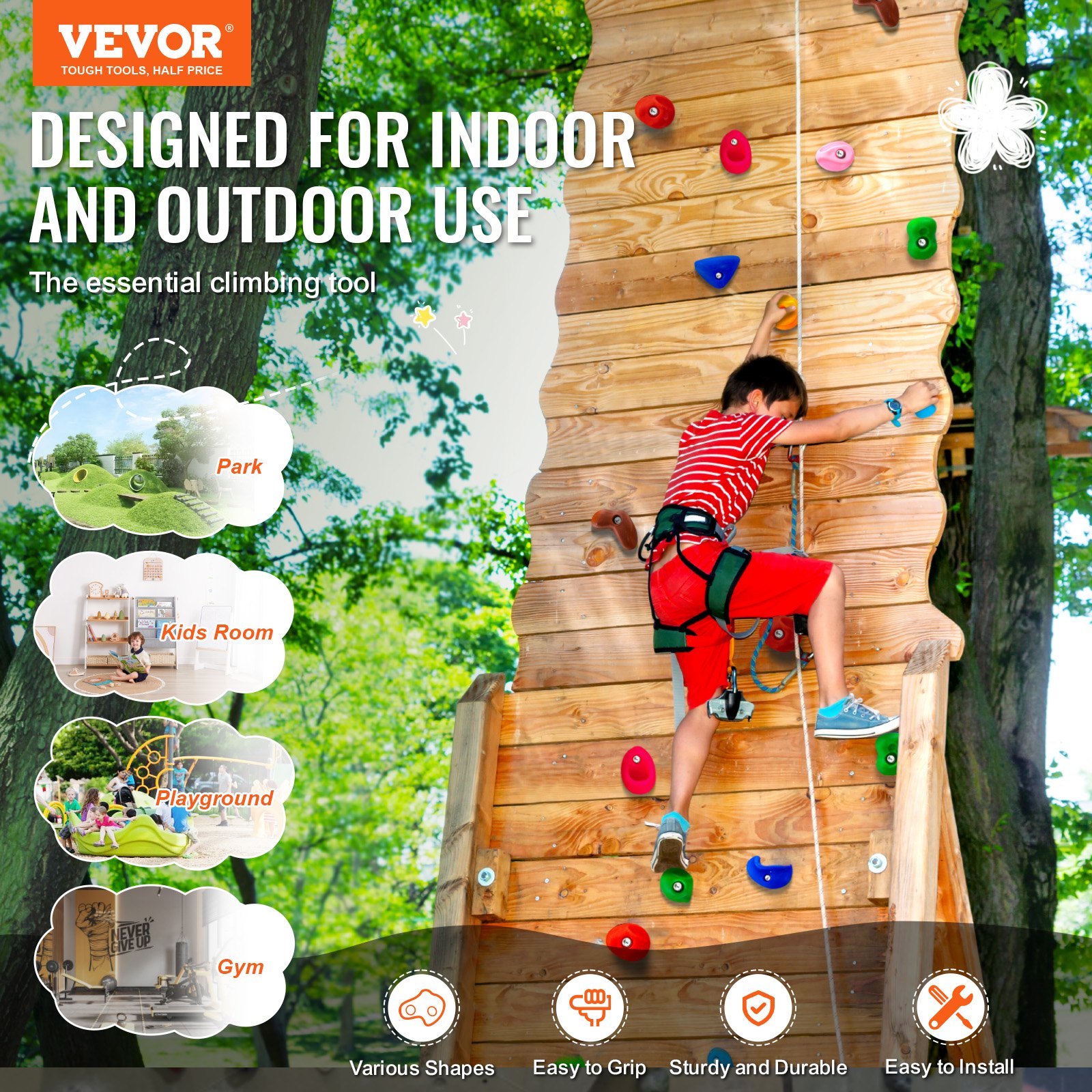 VEVOR 32 Rock Climbing Holds, Multi-Size and Multi-Colored Climbing Rocks for Kids and Adults, Rock Wall Holds with Mounting Hardware, Climbing Wall Grips for Indoor and Outdoor Playground Play Set
