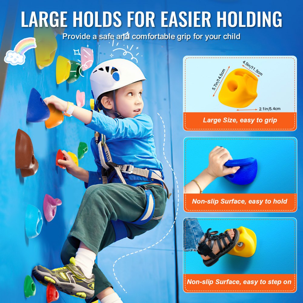 VEVOR 32 Rock Climbing Holds, Multi-Size and Colored Climbing Rocks for Kids and Adults, Rock Wall Holds with Colored Climbing Rope and Mounting Hardware, Climbing Wall Grips for Indoor and Outdoor
