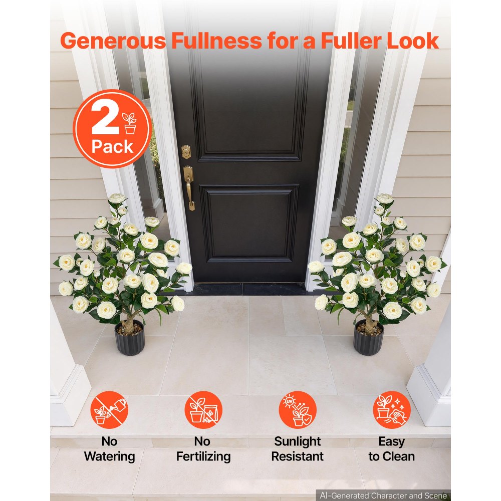 VEVOR 2-pack kunstbloemen in potten, 863 mm hoog, nep-camelia's, wit, kunstmatige potbloemen voor veranda, terras en binnengebruik, gemaakt van zijde en PE-plastic, direct klaar voor gebruik, onderhoudsvrij