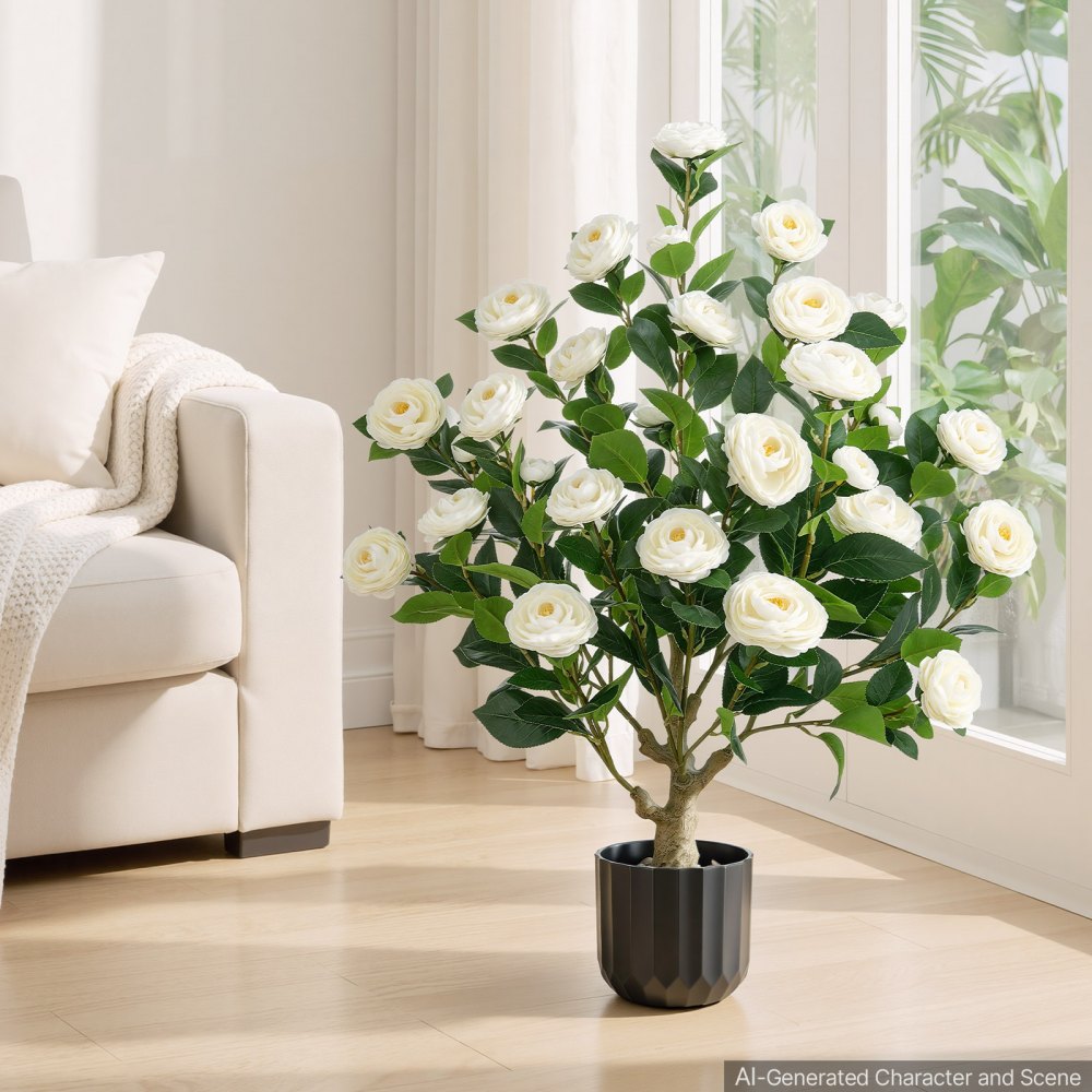VEVOR 2-pack kunstbloemen in potten, 863 mm hoog, nep-camelia's, wit, kunstmatige potbloemen voor veranda, terras en binnengebruik, gemaakt van zijde en PE-plastic, direct klaar voor gebruik, onderhoudsvrij