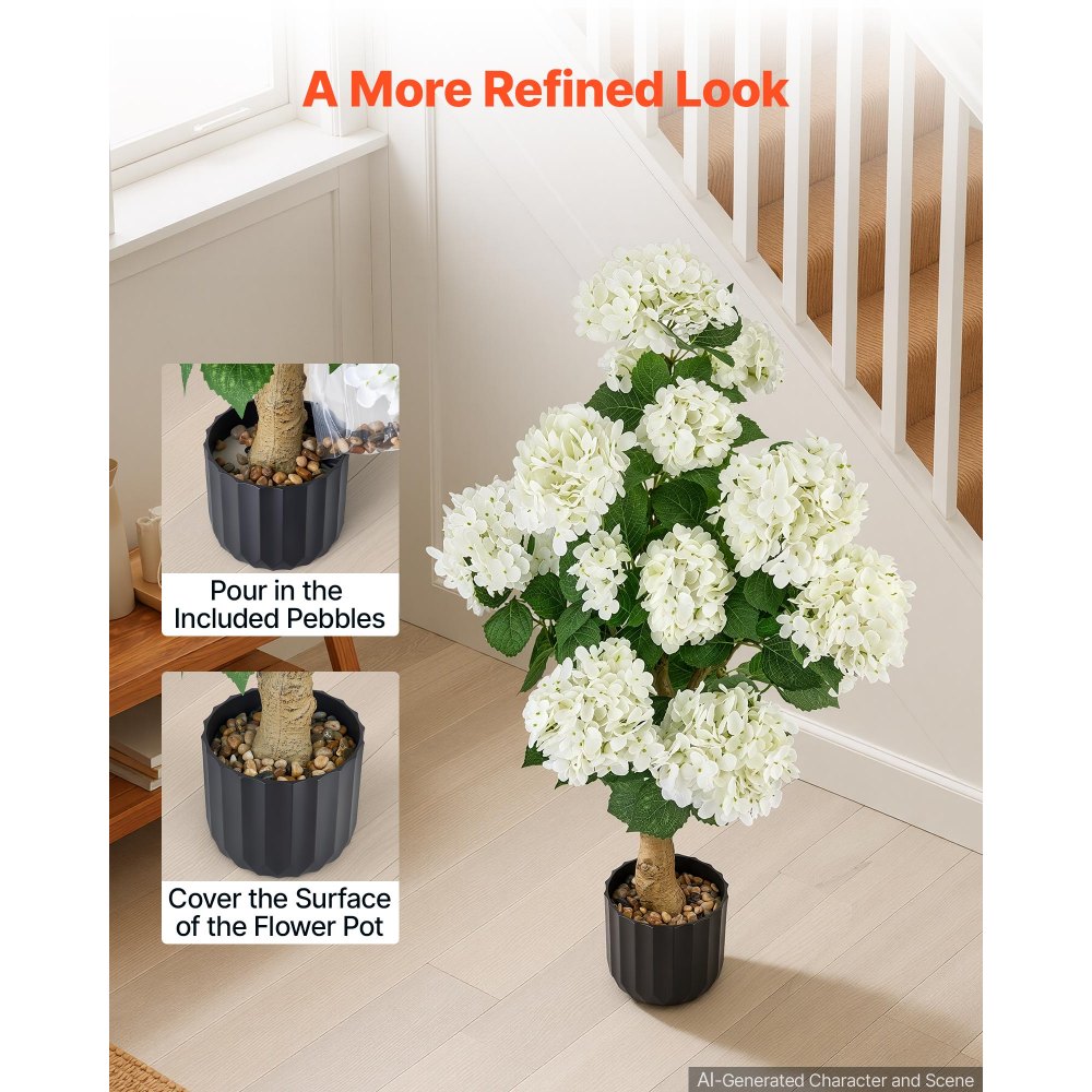 VEVOR 2-pack kunstbloemen in potten, 889 mm hoog, nep-hortensia's, wit, kunstmatige potbloemen voor veranda, terras, huis, gemaakt van zijde en PE-plastic, direct klaar voor gebruik, onderhoudsvrij