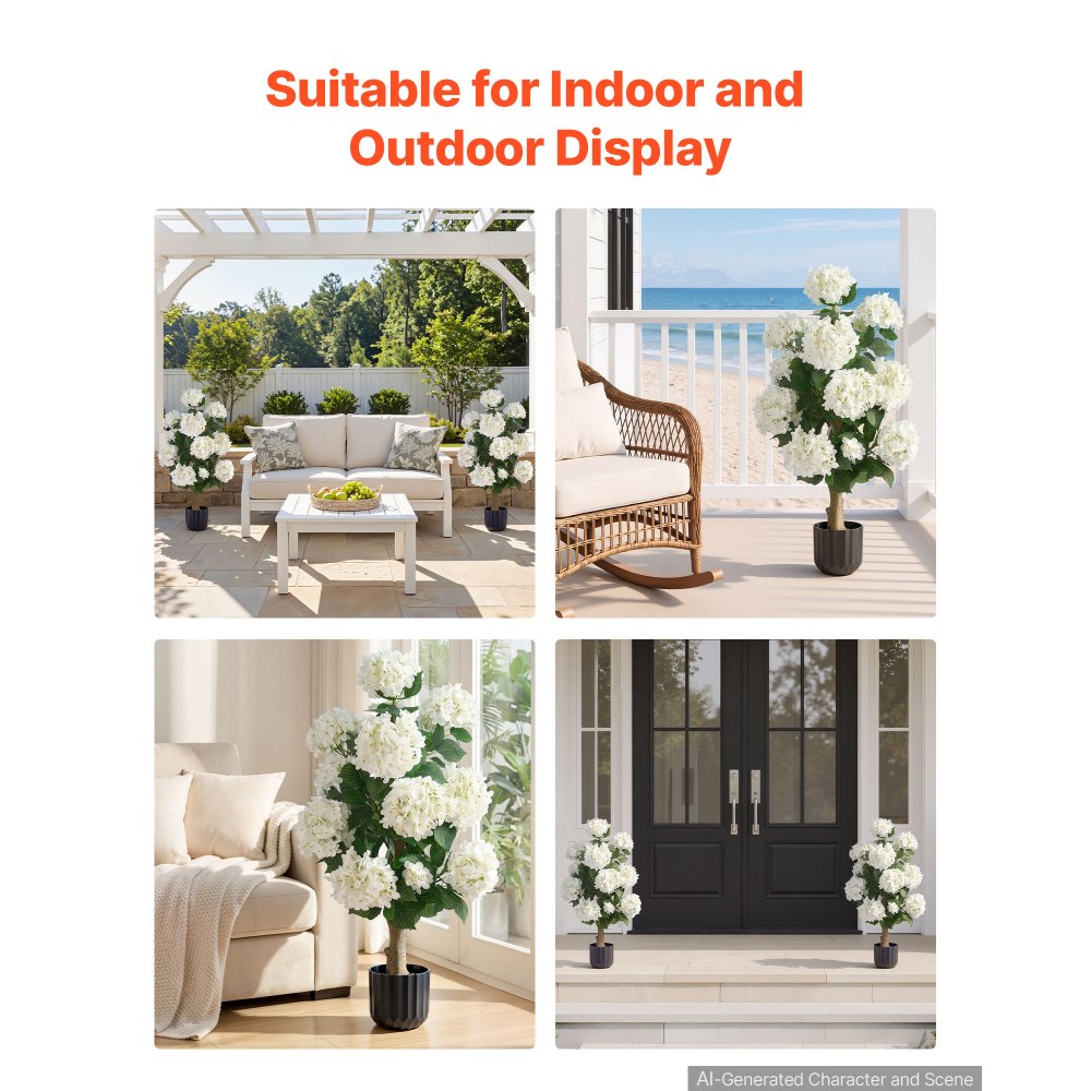 VEVOR 2-pack kunstbloemen in potten, 889 mm hoog, nep-hortensia's, wit, kunstmatige potbloemen voor veranda, terras, huis, gemaakt van zijde en PE-plastic, direct klaar voor gebruik, onderhoudsvrij