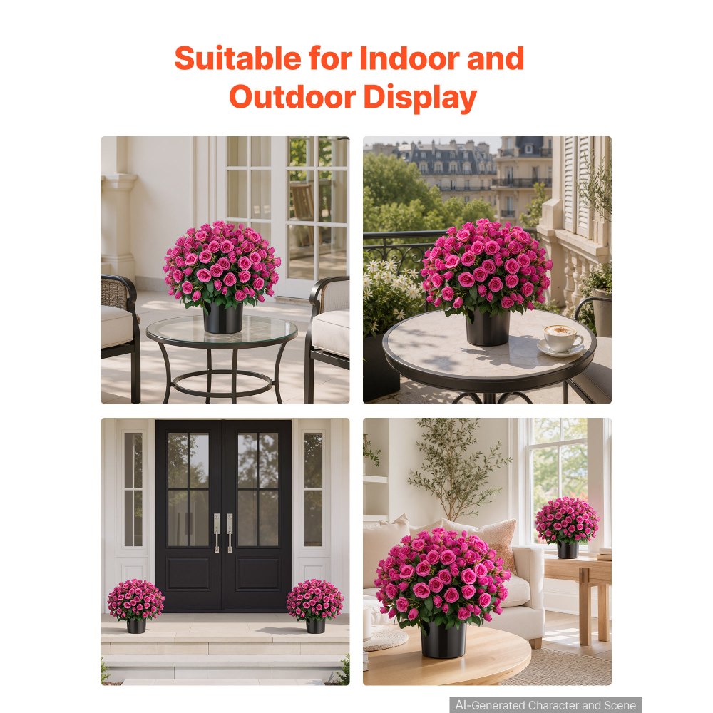 VEVOR 2-pack kunstbloemen in potten, 457 mm hoog, neprozen, rozerood, kunstmatige potbloemen voor binnen en buiten, gemaakt van zijde en PE-plastic, direct klaar voor gebruik, onderhoudsvrij