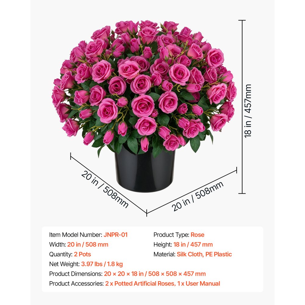 VEVOR 2-pack kunstbloemen in potten, 457 mm hoog, neprozen, rozerood, kunstmatige potbloemen voor binnen en buiten, gemaakt van zijde en PE-plastic, direct klaar voor gebruik, onderhoudsvrij