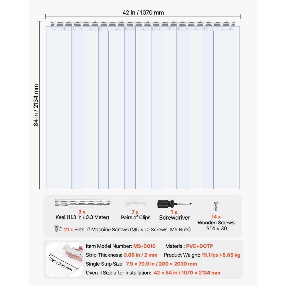 VEVOR strokengordijn, 84" hoog x 42" breed, 0,08" dik, 7-pack transparant PVC strokengordijn, vriezergordijn, kunststof deurstrip voor inloopvriezers, koelkasten en opslagdeuren, met 50% overlapping