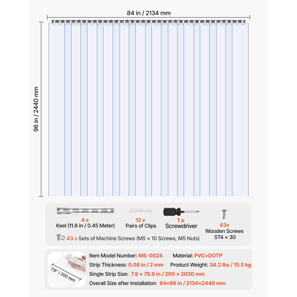 VEVOR Clear PVC Strip Curtain, 2.4 m Height x 2.1 m Width x 2 mm Thickness, 14 PCS Walk in Freezer Cooler Curtain Strips, Smooth Waterproof Plastic Door Strips for Warehouse, Freezer, Garage Doors