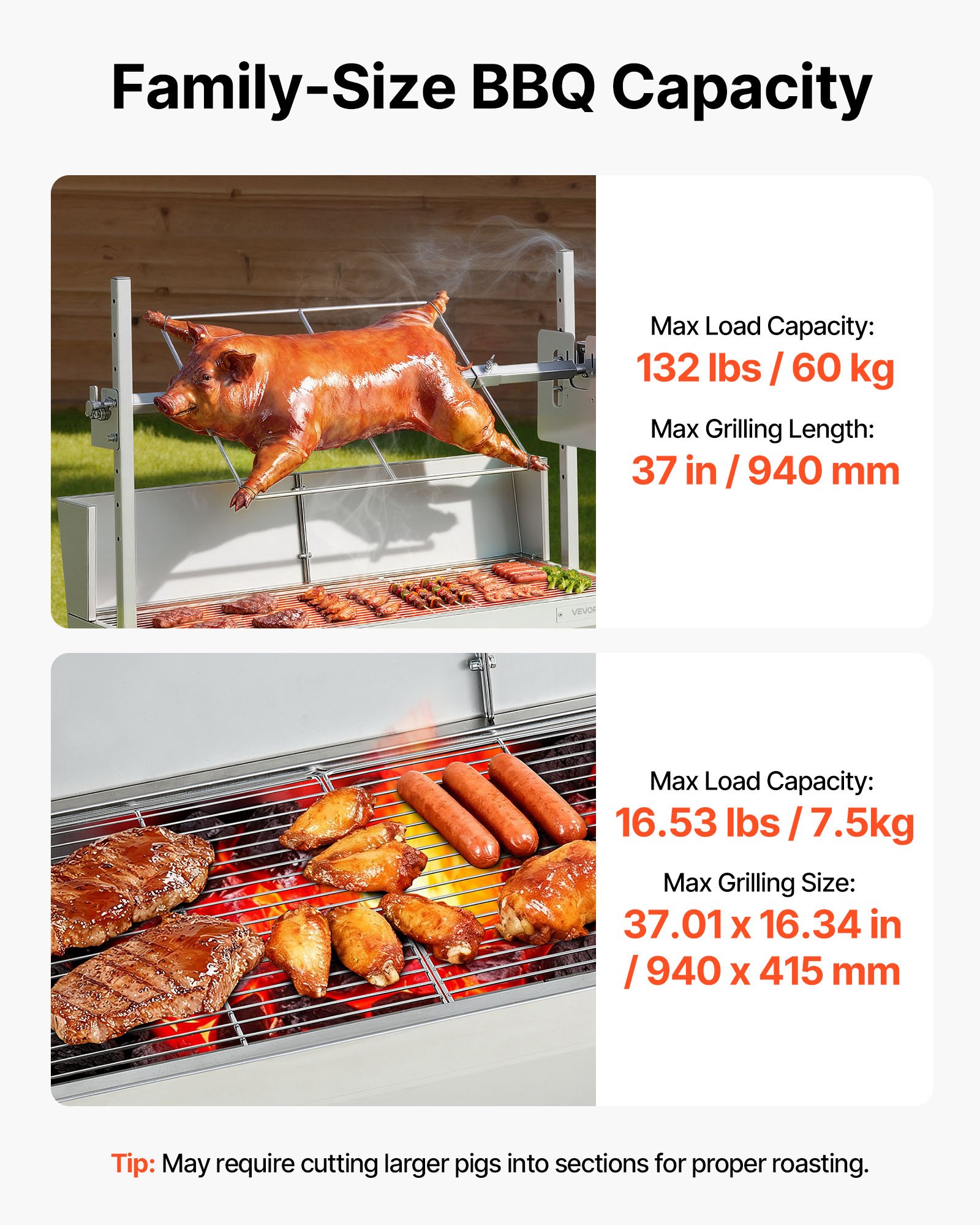 VEVOR Rotisserie Grill 38 W voor speenvarken, lamsvlees en houtskool (94 cm grilllengte) met een draagvermogen van 60 kg, 7 hoogte-instellingen en een beschermplaat. Deze elektrische grillset van roestvrij staal is ideaal voor kamperen en buitengebruik.