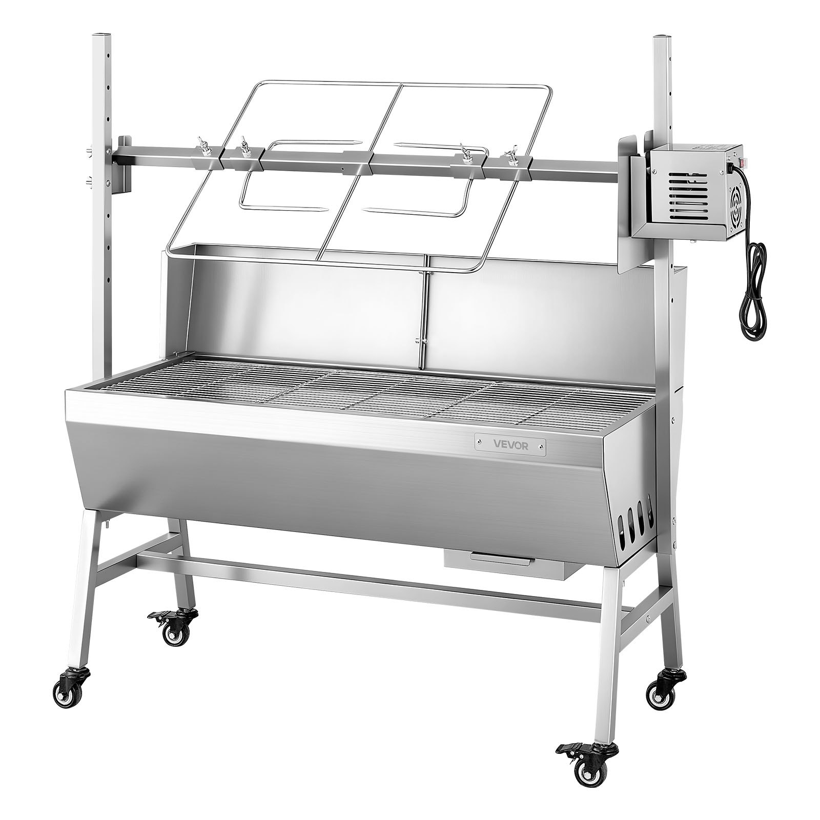 VEVOR Rotisserie Grill 38 W voor speenvarken, lamsvlees en houtskool (94 cm grilllengte) met een draagvermogen van 60 kg, 7 hoogte-instellingen en een beschermplaat. Deze elektrische grillset van roestvrij staal is ideaal voor kamperen en buitengebruik.