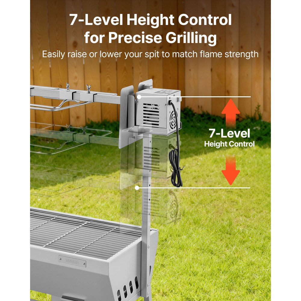 VEVOR Rotisserie Grill 38 W voor speenvarken, lamsvlees of houtskool (94 cm grilllengte) met een draagvermogen van 60 kg, wielen en 7-voudige hoogteverstelling, roestvrijstalen elektrische grillset voor kamperen en buitengebruik