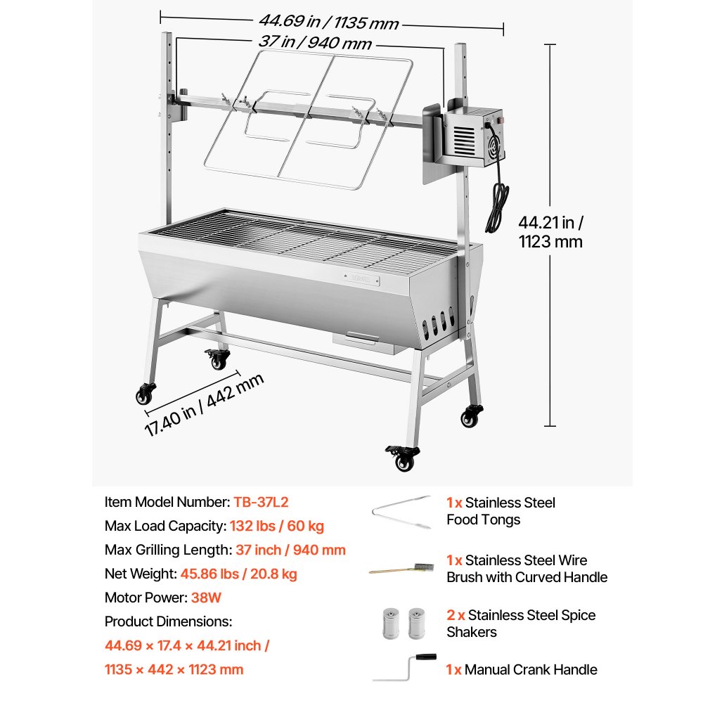VEVOR Rotisserie Grill 38 W voor speenvarken, lamsvlees of houtskool (94 cm grilllengte) met een draagvermogen van 60 kg, wielen en 7-voudige hoogteverstelling, roestvrijstalen elektrische grillset voor kamperen en buitengebruik