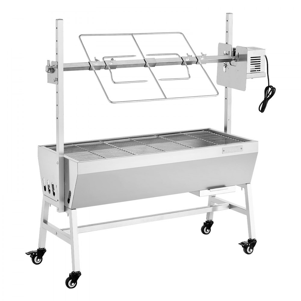 VEVOR Rotisserie Grill 38 W voor speenvarken, lamsvlees of houtskool (94 cm grilllengte) met een draagvermogen van 60 kg, wielen en 7-voudige hoogteverstelling, roestvrijstalen elektrische grillset voor kamperen en buitengebruik