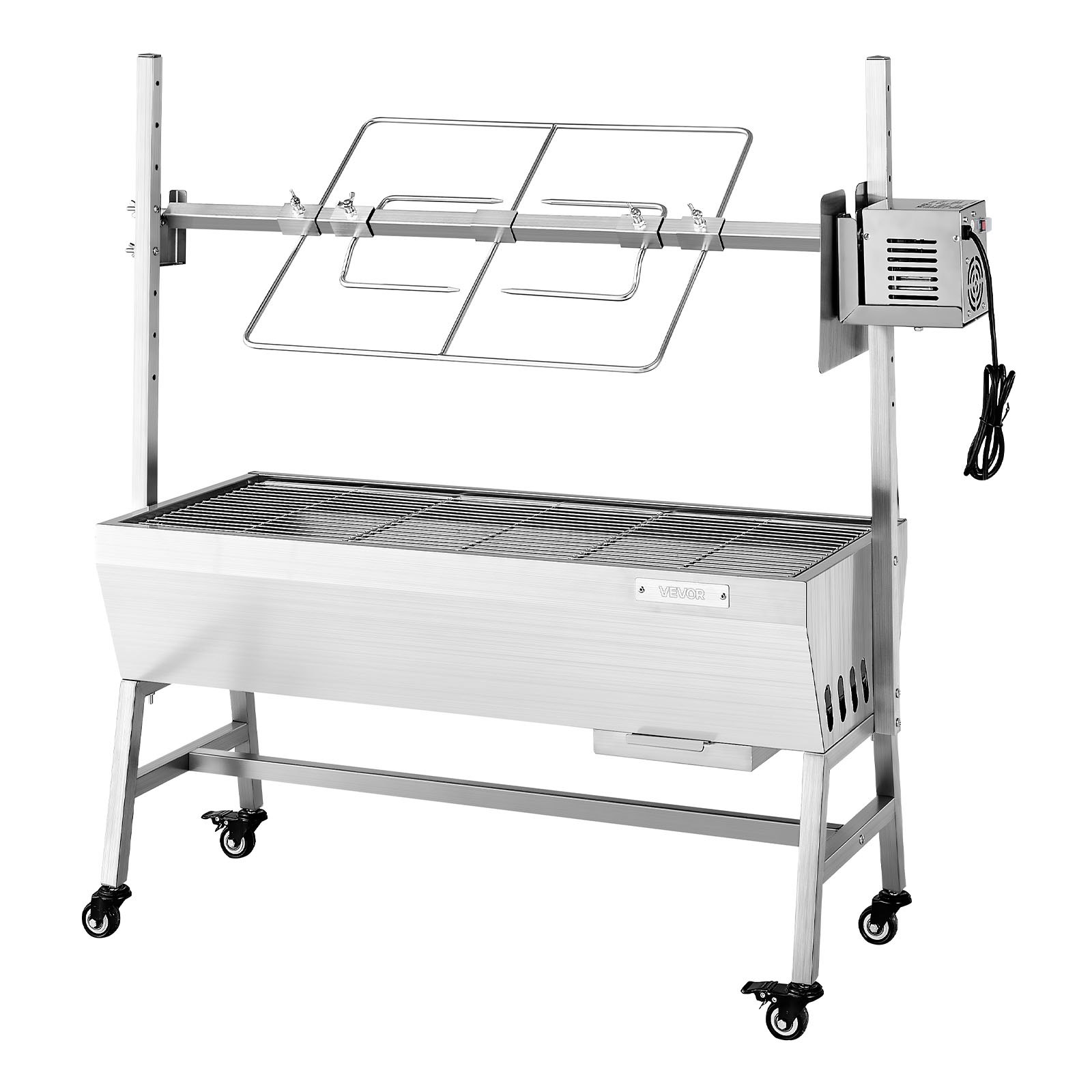 VEVOR Rotisserie Grill 38 W voor speenvarken, lamsvlees of houtskool (94 cm grilllengte) met een draagvermogen van 60 kg, wielen en 7-voudige hoogteverstelling, roestvrijstalen elektrische grillset voor kamperen en buitengebruik