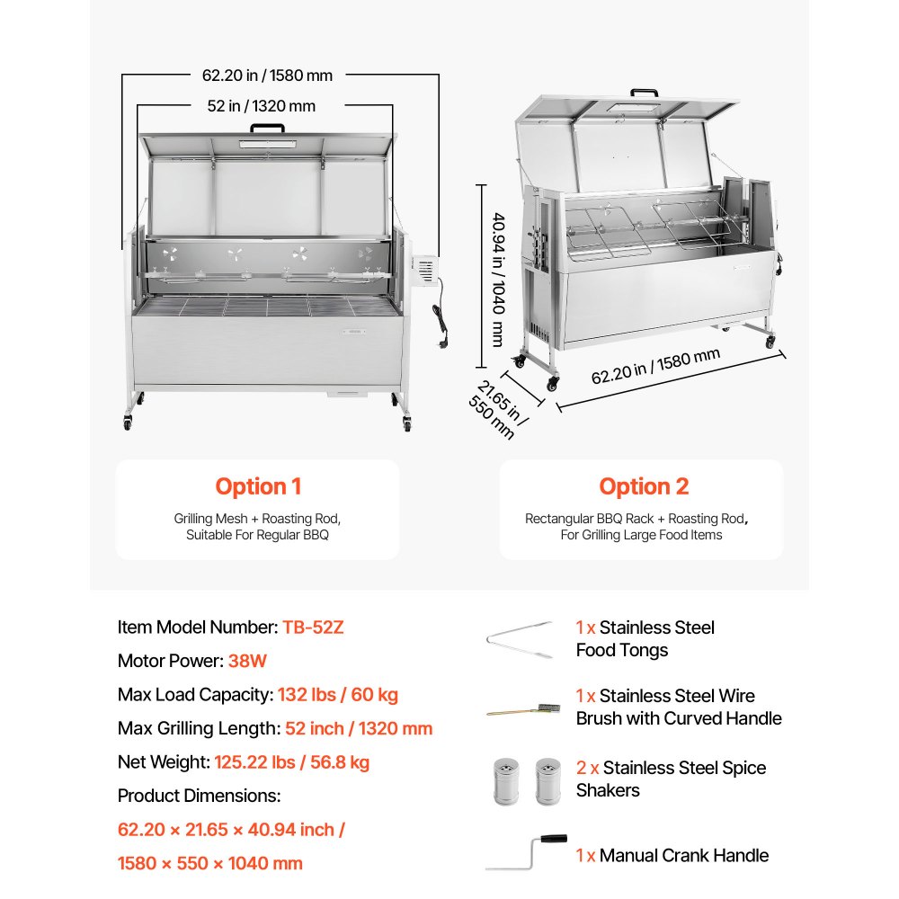 VEVOR Rotisserie Grill 38 W Speenvarken Grill Lam Grill Houtskool Grill (132 cm Grilllengte) met 60 kg draagvermogen & wielen & 4-voudige hoogteverstelling & deksel, roestvrijstalen elektrische grillset voor kamperen
