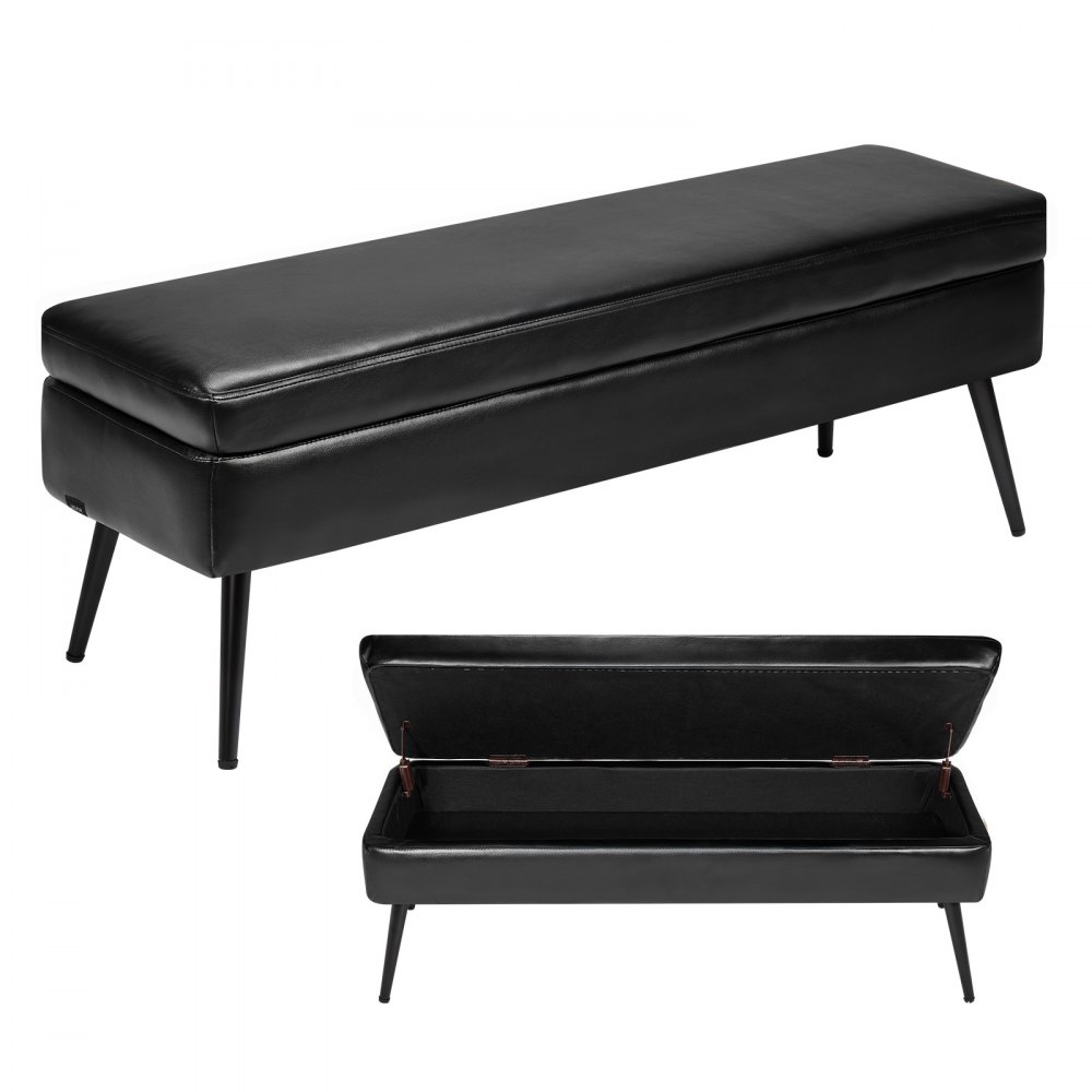 VEVOR Leather Storage Ottoman Bench, PU Leather Bench with Storage and Metal Legs, Modern Shoe Benches Seat for Entryway, Upholstered End of Bed Benches for Living Room, Dining Room, Hallway, Black