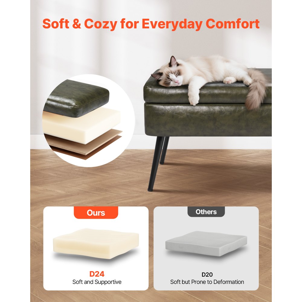 VEVOR Leather Storage Ottoman Bench, PU Leather Bench with Storage and Metal Legs, Modern Shoe Benches Seat for Entryway, Upholstered End of Bed Benches for Living Room, Dining Room, Hallway, Green