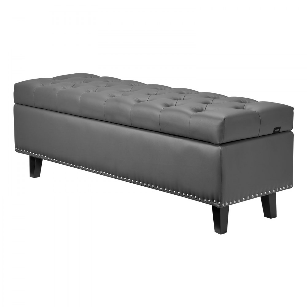 VEVOR Button-Tufted Storage Ottoman Bench, PU Leather Bench with Storage and Solid Wood Legs, Modern Shoe Benches Seat for Entryway, Upholstered End of Bed Benches for Living Room, Dining Room, Gray