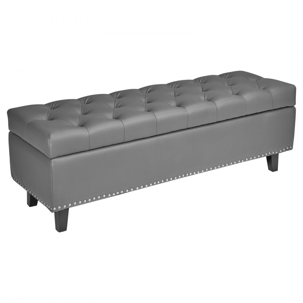 VEVOR Button-Tufted Storage Ottoman Bench, PU Leather Bench with Storage and Solid Wood Legs, Modern Shoe Benches Seat for Entryway, Upholstered End of Bed Benches for Living Room, Dining Room, Gray