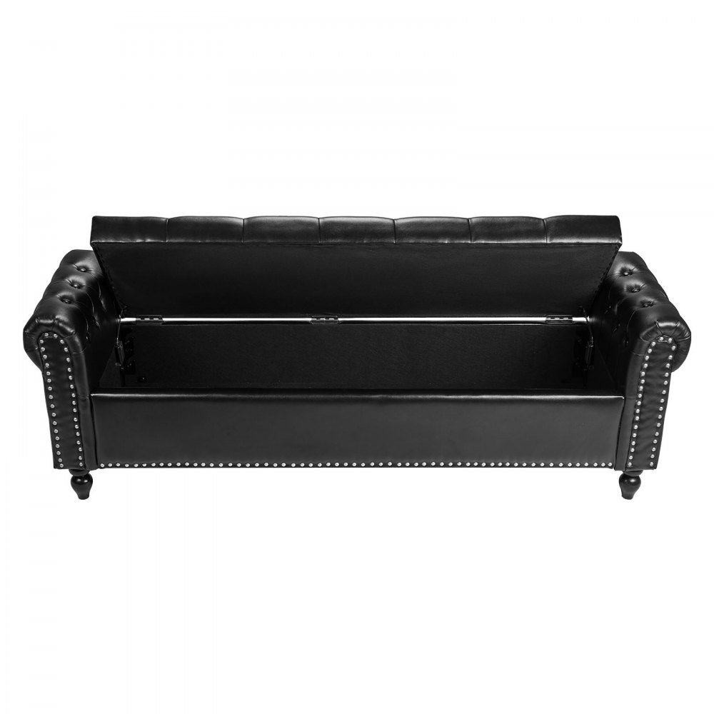 VEVOR Button-Tufted Storage Ottoman Bench, Rolled Arm PU Leather Bench with Solid Wood Legs, Modern Shoe Benches Seat for Entryway, Upholstered End of Bed Benches for Living Room, Dining Room, Black