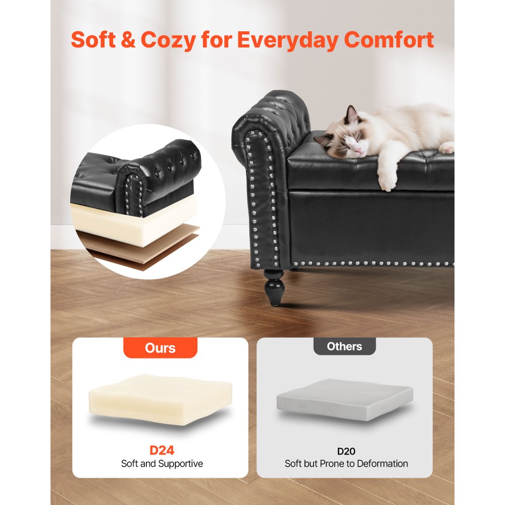 VEVOR Ottoman Bank (46 x 166 x 56 cm) van PU-leer met houten poten & opbergruimte & knoopsluiting & gerolde armleuningen, schoenenbank met een draagvermogen van 300 kg, bedbank slaapkamerbank woonkamer zwart