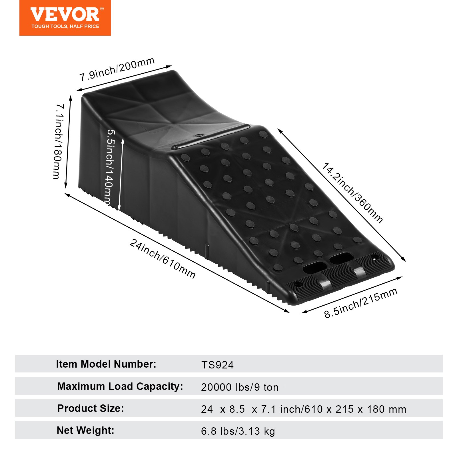VEVOR Car Ramp, 1 Piece Car Service Ramp, 20000 lbs/9 ton Loading Capacity, 5.5" Lift Height Car Ramp, Heavy Duty Tire Ramp for Car Lift and Vehicle Maintenance, Work with Tandem Wheel Vehicles