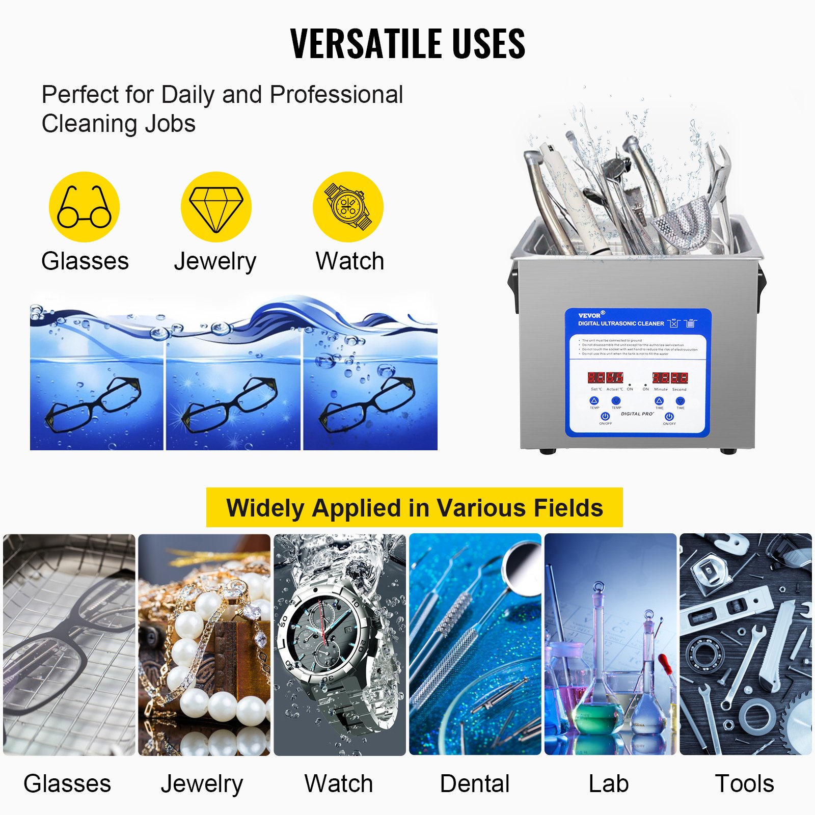 VEVOR Digital Ultrasonic Cleaner 3L Ultrasonic Cleaning Machine 40kHz Sonic Cleaner Machine 316 & 304 Stainless Steel Ultrasonic Cleaner Machine with Heater & Timer for Cleaning Jewelry Glasses Watch