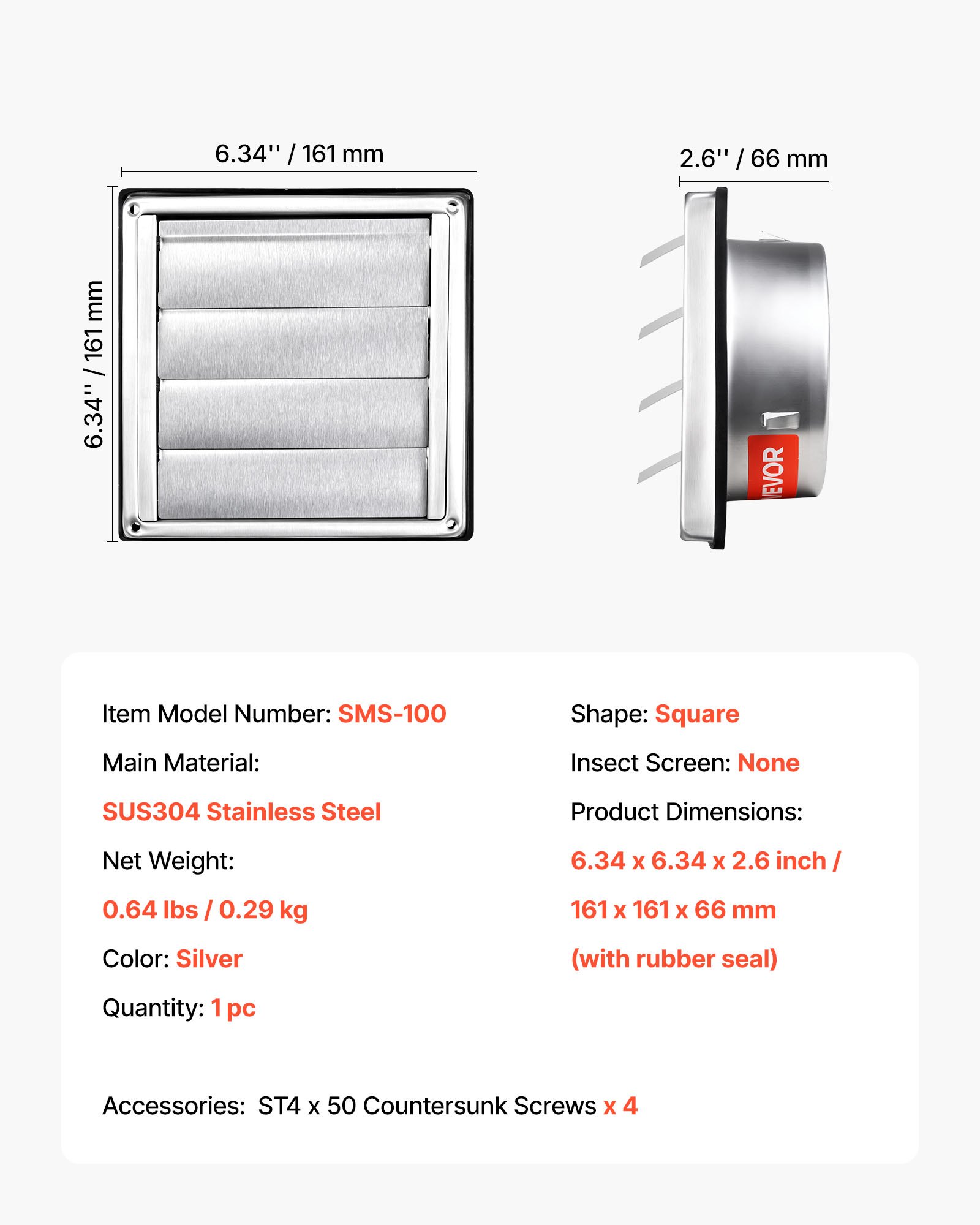 VEVOR RVS ventilatierooster, weerbestendig rooster 161x161x66 mm, lamellenrooster met geluiddempende rubberen afdichting, afzuigrooster voor thuis, badkamer, garage, keuken, kelder (1 stuk, zilver)