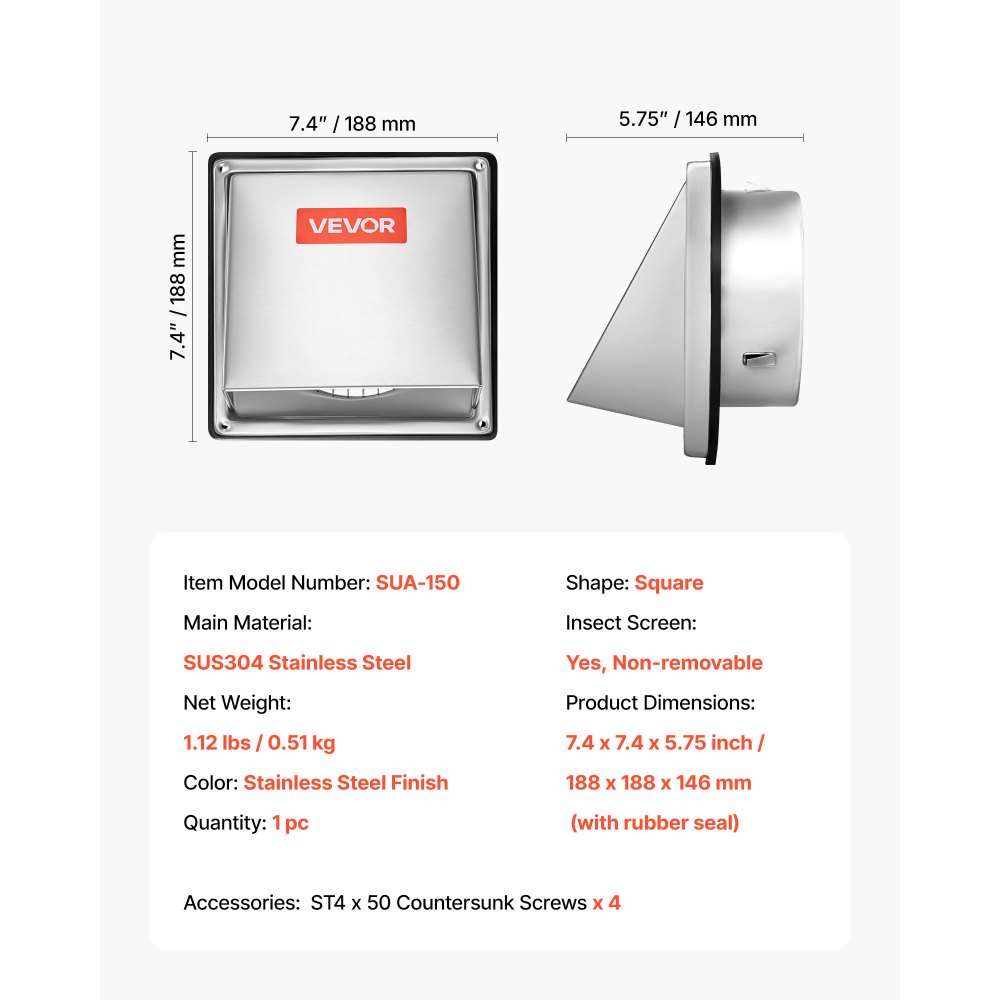 VEVOR RVS ventilatierooster, 188x188x146mm, afzuigkap weerbestendig rooster, afzuigkap weerbestendig rooster met geïntegreerd beschermrooster, voor thuis, badkamer, garage, keuken, kelder (zilver)