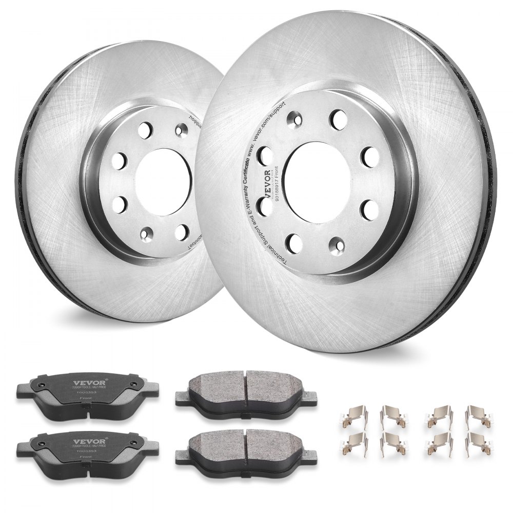 VEVOR brake pads & rotors kit includes two rotors, four brake pads, and mounting hardware.