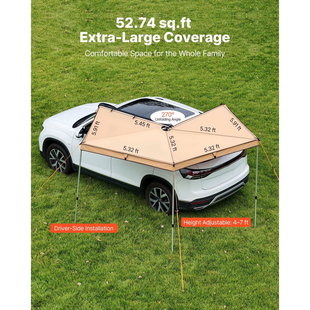 VEVOR 270 Degree Awning, 4.9 ㎡ Driver Side Vehicle Awning, Waterproof UV50+ Car Side Awnings with Carry Bag, All-Weather Free-Standing Overland Awnings Car Shelter for SUV Van Truck Camping