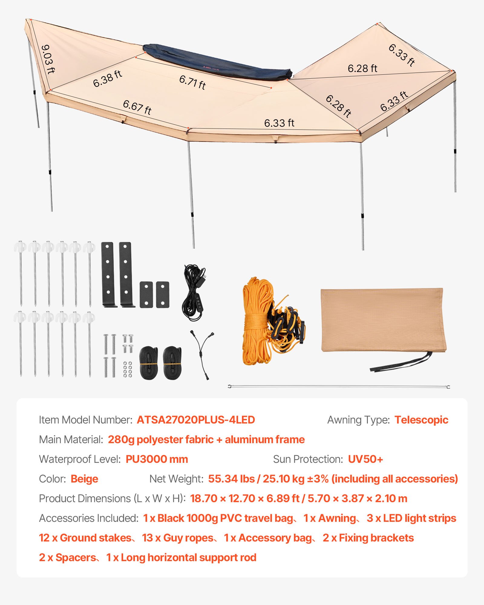 VEVOR Autoluifel, 5,7 x 3,87 x 2,1 m, 270° luifel met geïntegreerde LED-verlichting, zonnescherm, UV50+, vrijstaande all-weather autoluifel, zonnescherm voor SUV's en vrachtwagens, ideaal voor kamperen