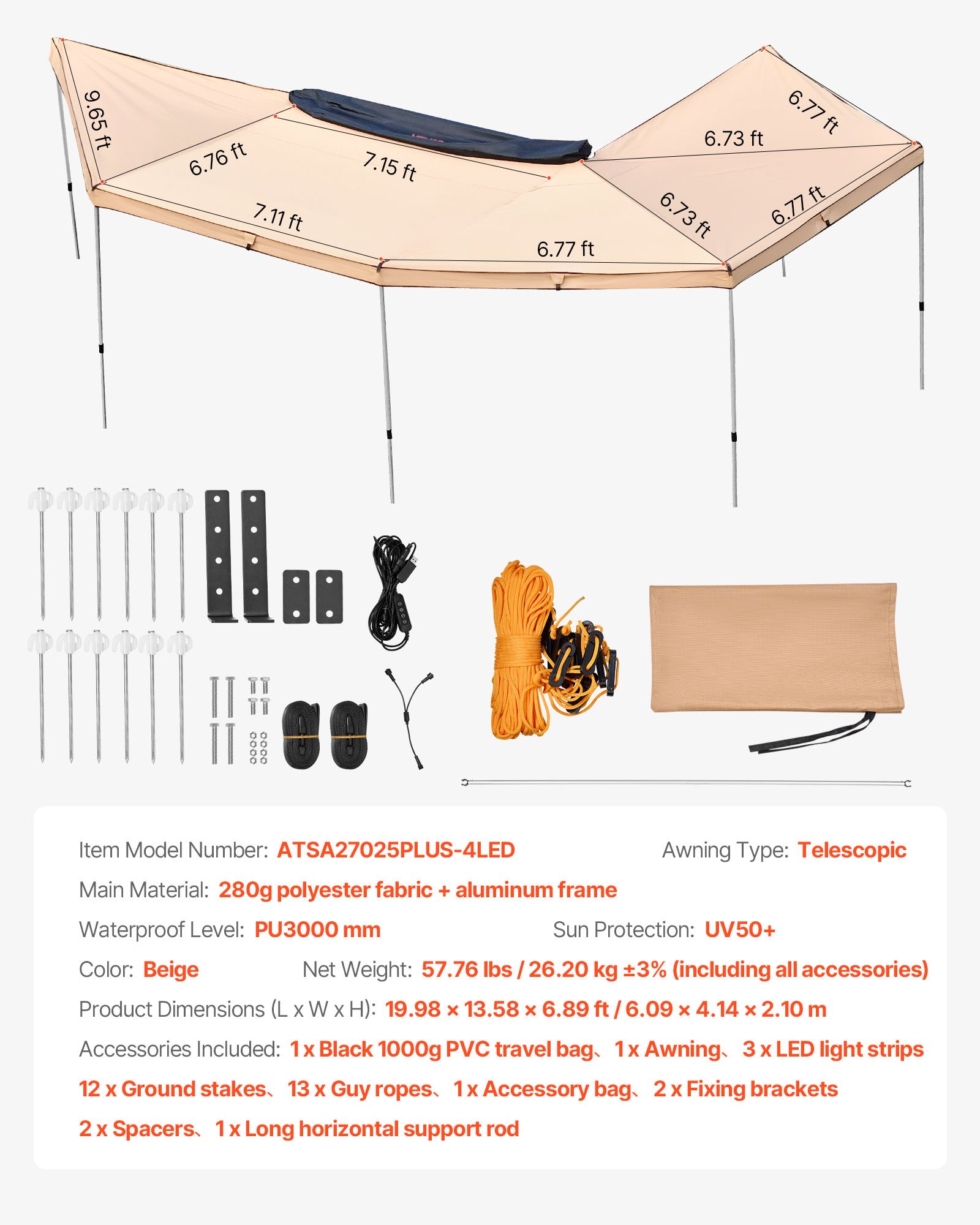 VEVOR Autoluifel, 6,09 x 4,14 x 2,1 m, 270° luifel met geïntegreerde LED-verlichting, zonnescherm, UV50+ zijluifel, vrijstaande all-weather autoluifel, zonnescherm voor SUV's en trucks tijdens het kamperen