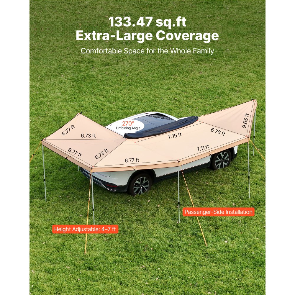 VEVOR Autoluifel, 270° Luifel, 6,08 x 4,25 x 2,10 m, Zonnescherm, Waterdicht (UV50+), inclusief Draagtas, Vrijstaande All-Weather Luifel voor SUV's, Bestelwagens, Vrachtwagens & Kamperen