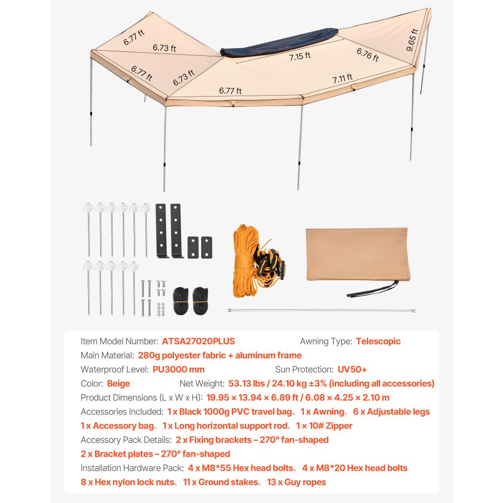 VEVOR Autoluifel, 270° Luifel, 6,08 x 4,25 x 2,10 m, Zonnescherm, Waterdicht (UV50+), inclusief Draagtas, Vrijstaande All-Weather Luifel voor SUV's, Bestelwagens, Vrachtwagens & Kamperen