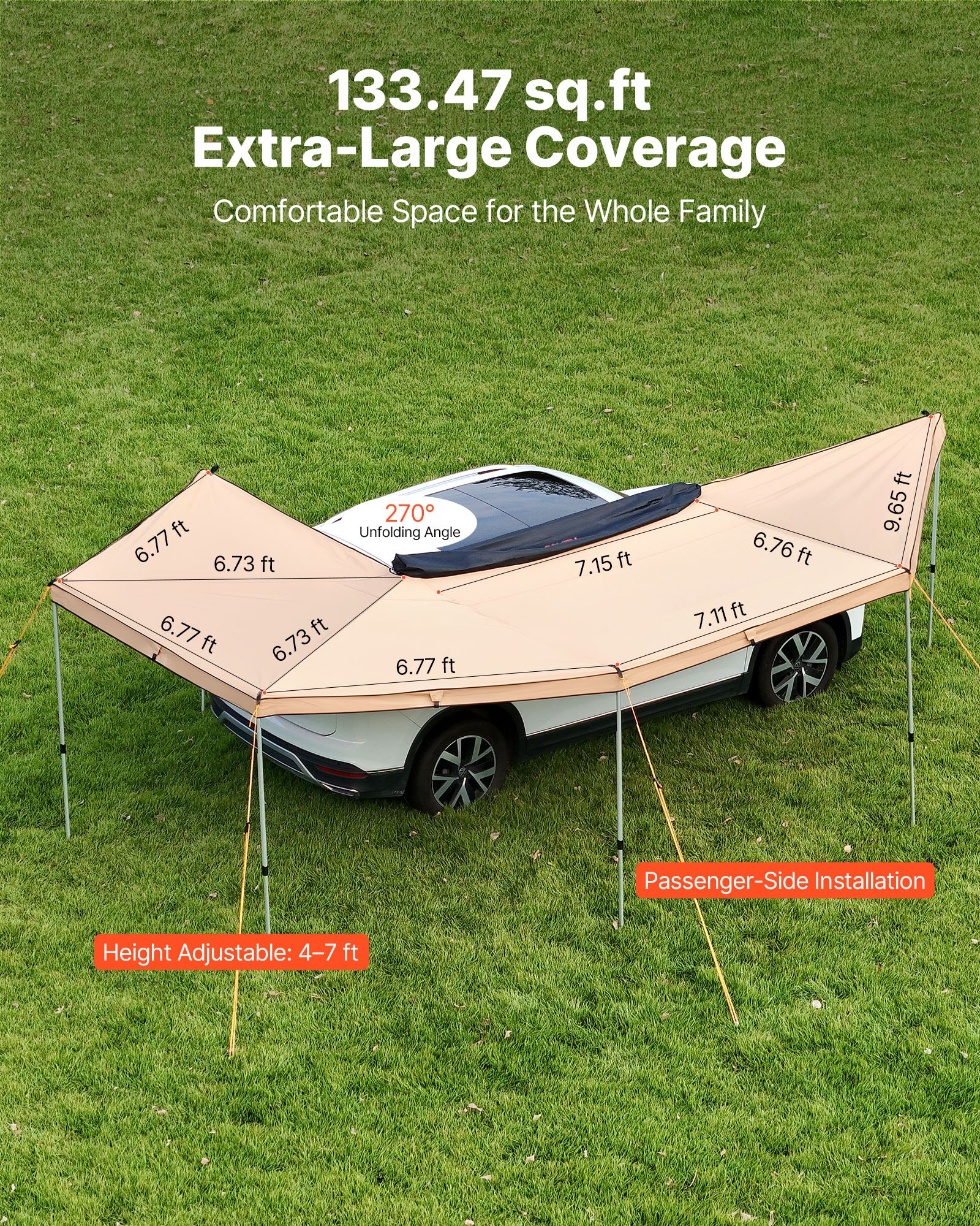 VEVOR 270 Degree Awning, 12.4 ㎡ Driver Side Vehicle Awning, Waterproof UV50+ Car Side Awnings with Carry Bag, All-Weather Free-Standing Overland Awnings Car Shelter for SUV Van Truck Camping