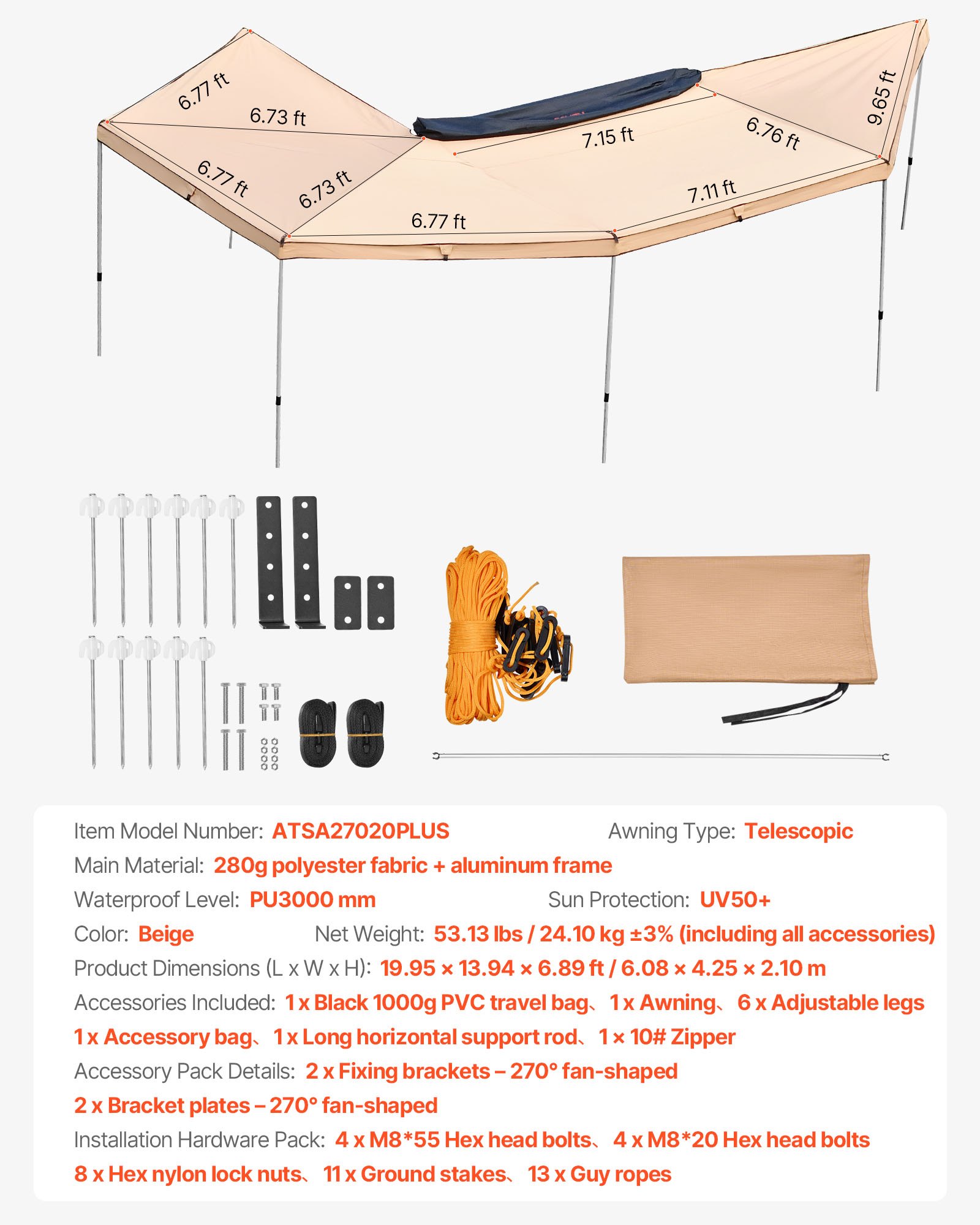 VEVOR Autoluifel, 270° Luifel, 6,08 x 4,25 x 2,10 m, Zonnescherm, Waterdicht (UV50+), inclusief Draagtas, Vrijstaande All-Weather Luifel voor SUV's, Bestelwagens, Vrachtwagens & Kamperen