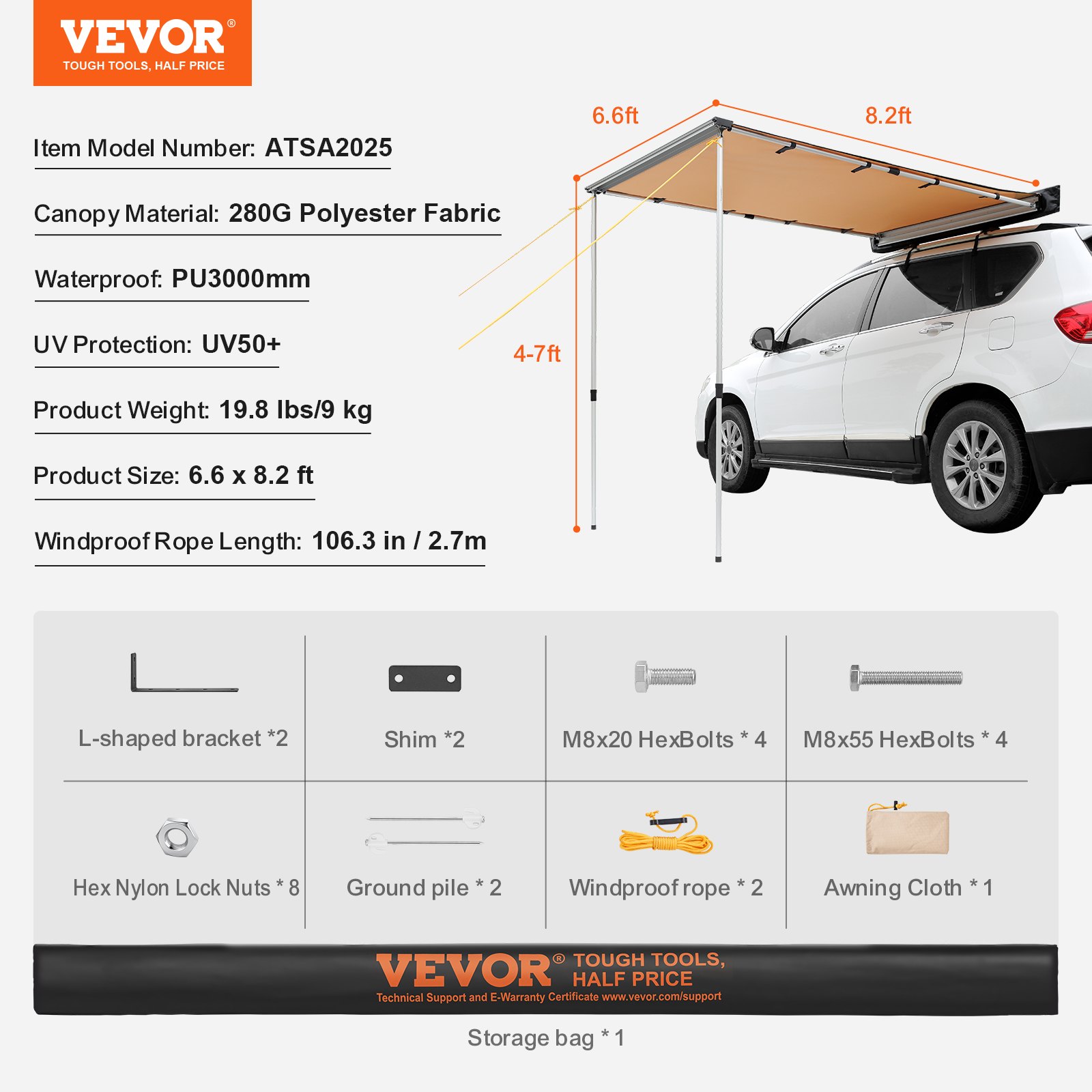 VEVOR Caravan Zonnescherm 2x2,5m Zonnekap Camper UV50+ UV-bescherming Luifel 280-G Polyester Stof Luifel PU3000mm Waterdicht Inclusief PVC-tas Ideaal voor kamperen Familiereünies Reizen