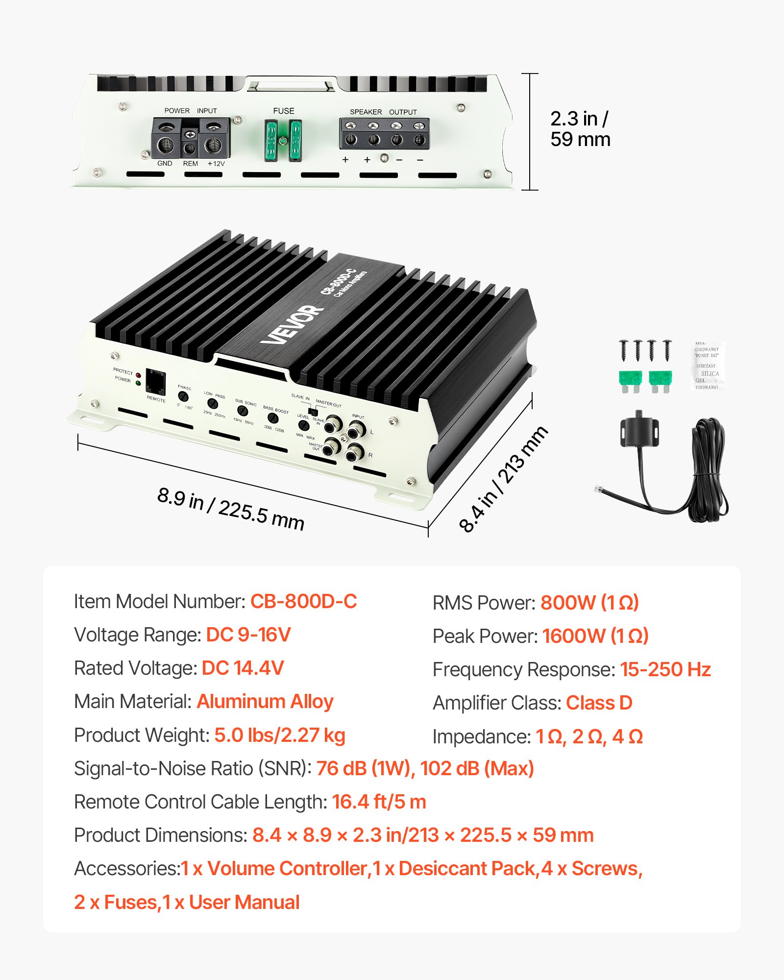 VEVOR Monoblock auto-versterker 800 W RMS MAX 1/2/4 Ohm, audioversterker (klasse D) met afstandsbediening voor subwooferniveau, laagdoorlaatfilter, basversterking, faseverschuiving en volumeregeling.